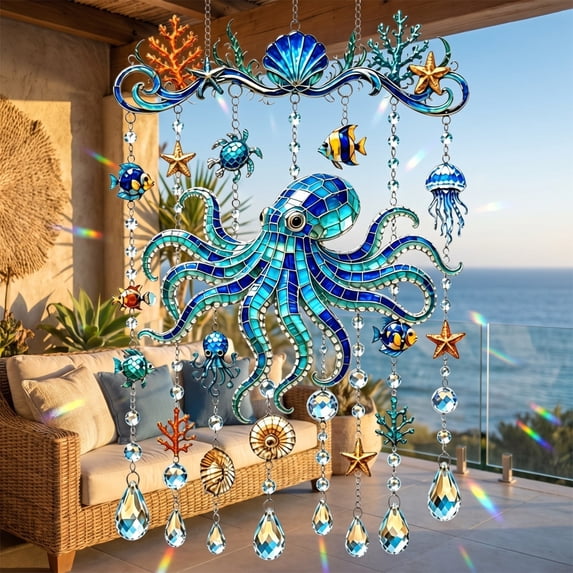 Wind Chime,Dolphin Pattern Acrylic Hanging Suncatcher 45 Inches Long,Nautical Wall Ornament for Balcony Courtyard Window Decor