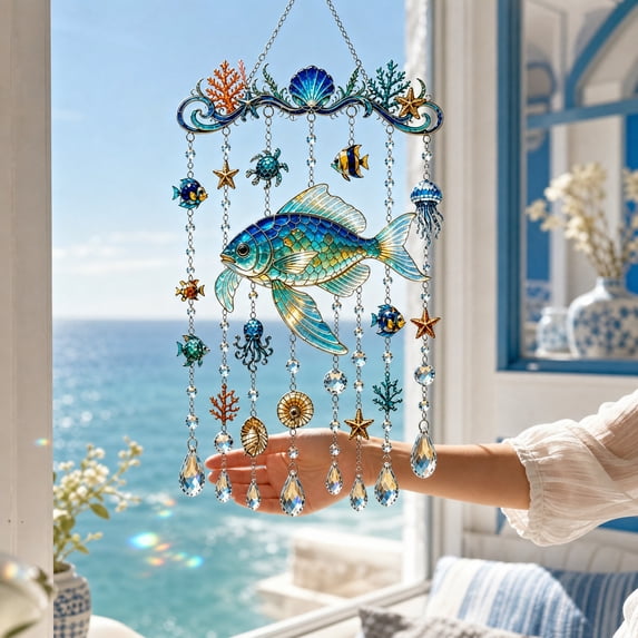 Wind Chime,Dolphin Pattern Acrylic Hanging Suncatcher 45 Inches Long,Nautical Wall Ornament for Balcony Courtyard Window Decor