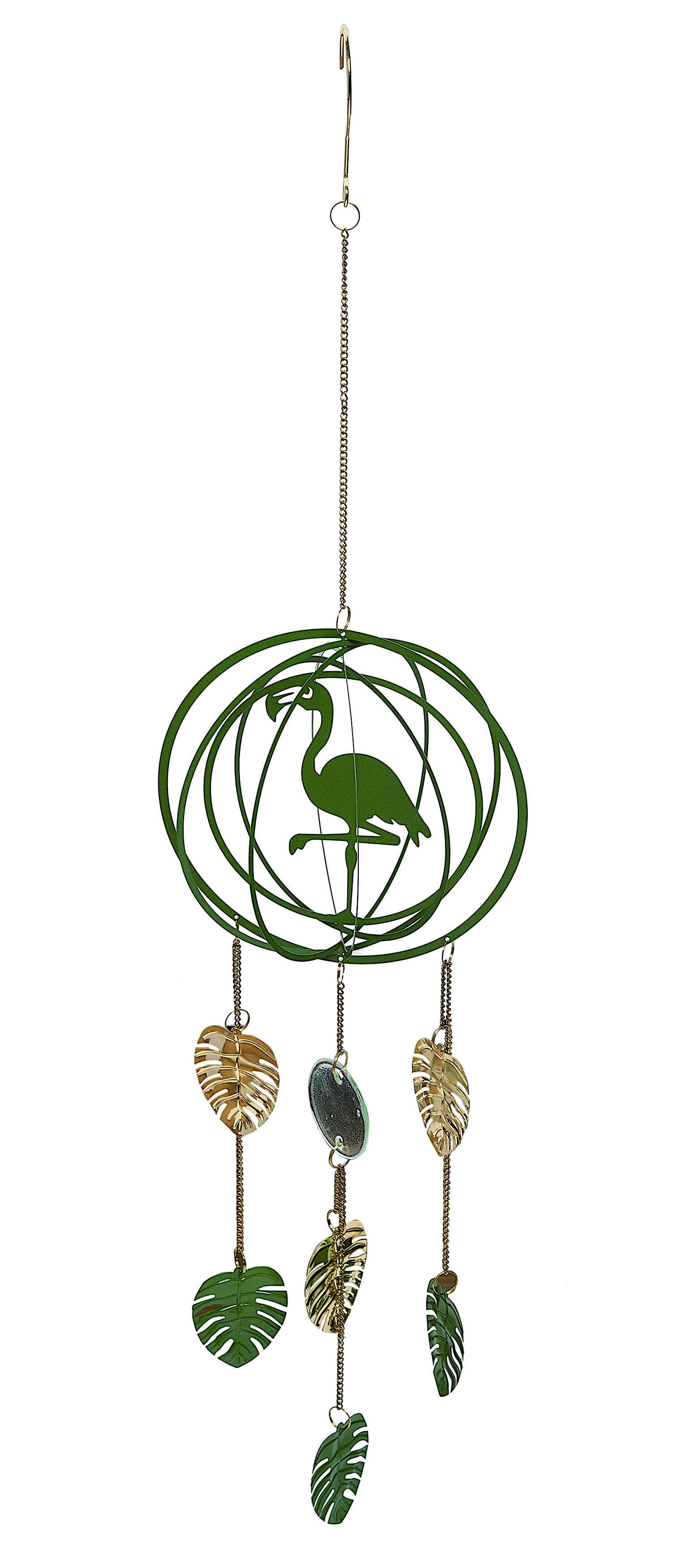Wind Chime Flamingo Green & Gold 3D Sculpture Spinner Metal Hanging Decorations Ornaments Outdoor Lawn Yard Garden 31"