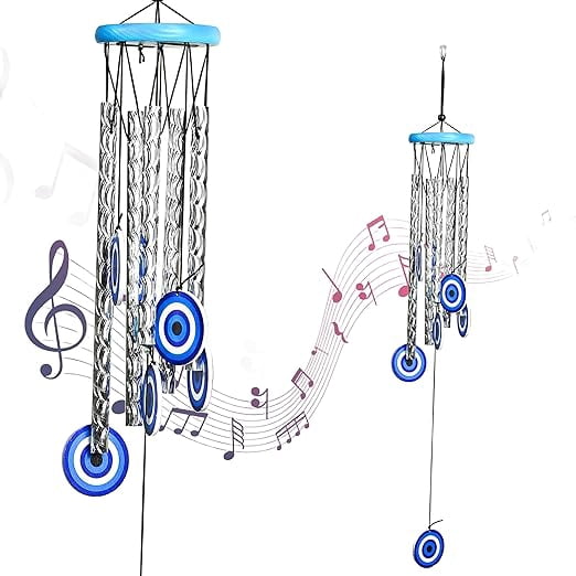 Evil Eye Wind Chime for Home Décor, 27-Inch Turkish Evil Eye Wind Chime with 5 Silver Pipes for Positive Energy, Wall Hanging, Living Room, Balcony & Garden Indoor and Outdoor Use Housewarming Gift