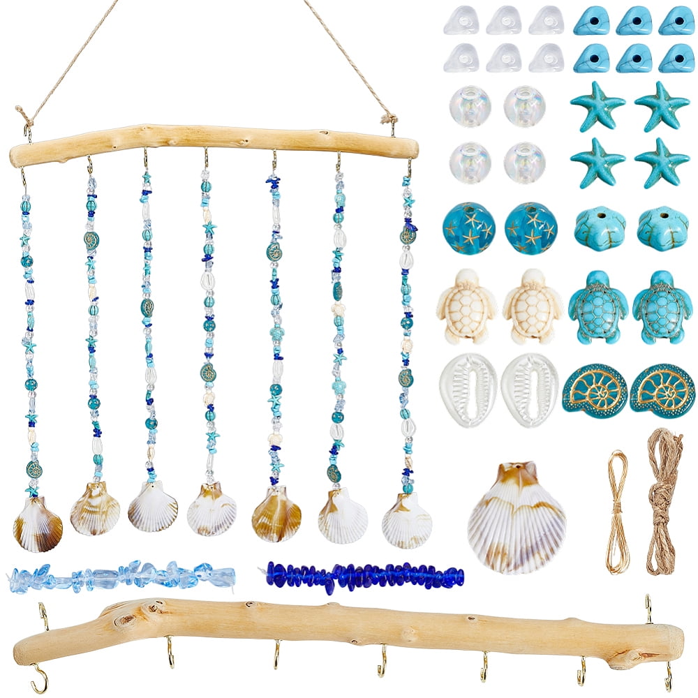 Wind Chime Kit Ocean Wind Chimes Driftwood Decorative Branches Summer Hawaii Shell Seashell Charms Glass Acrylic Gemstone Beads Windchime