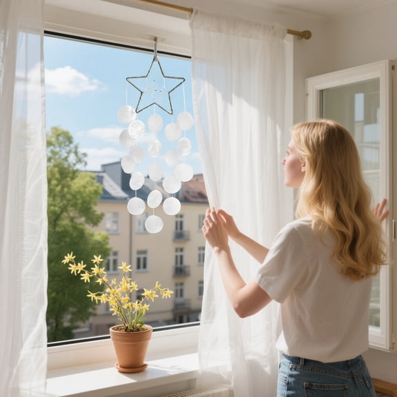 Wind Chime | Seashell Dreamcatcher | Handcrafted Ornament, Crystal Pendant, Romantic Decor, Woven Design, Natural Materials, White Pink Gray Blue Purple, 23.2x6.2 in