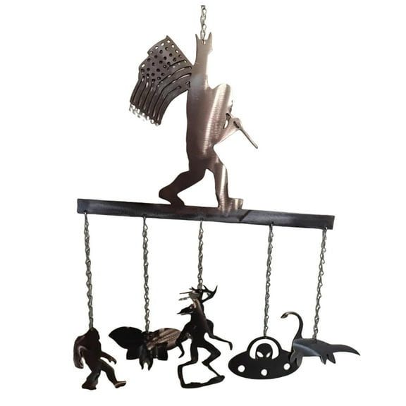 Wind Chime With Rocking Design Handmade Metal Decor Featuring Cartoon Monkey 5 Mystery Pendants ( UFO Nessie Mothman Wendigo) For National Parks