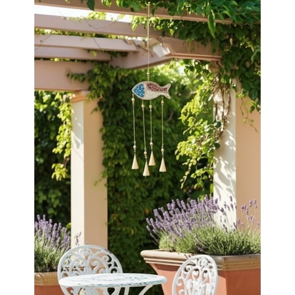 Wind Chime Wood Metal Fish-Shaped Glass Beaded Mosaic Accents for Garden and Home Decor - 26" Blue