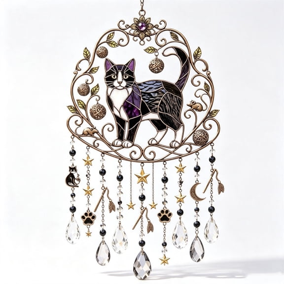 Wind Chimes with Cat & Crystal for Outside, Kitty Theme Gifts for Women Mom Grandma, 14.17” Colorful Acrylic Memorial Gifts Wind Chimes Outdoor for Home Yard Patio Garden Fall Decor (Tuxedo Cat)