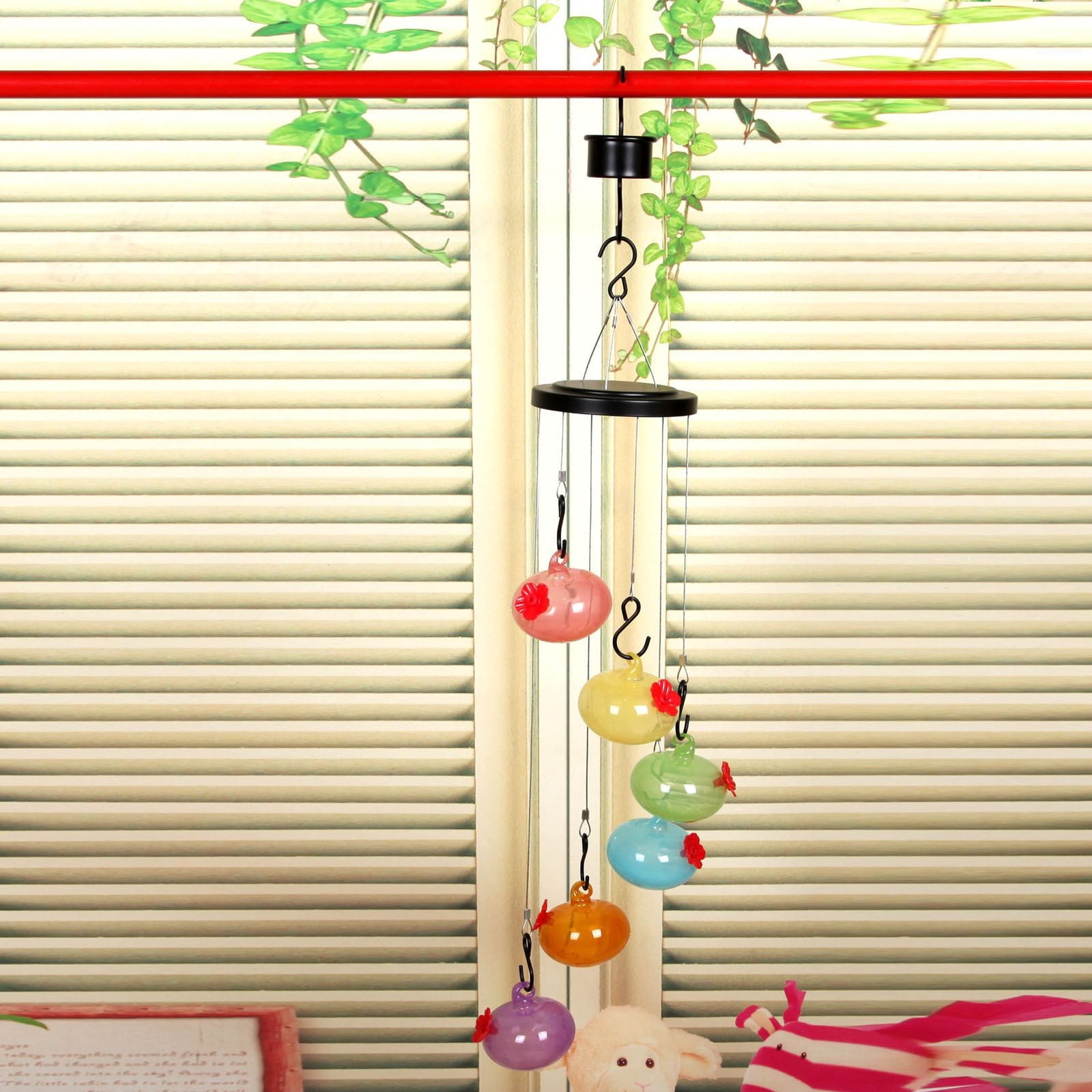 Wind Chimes Hummingbird Feeder with 4 Feeding Ports - Colorful Outdoor Garden Decor for Patio, Yard Hanging, Attracts Birds with Gentle Sound, Includes Hook