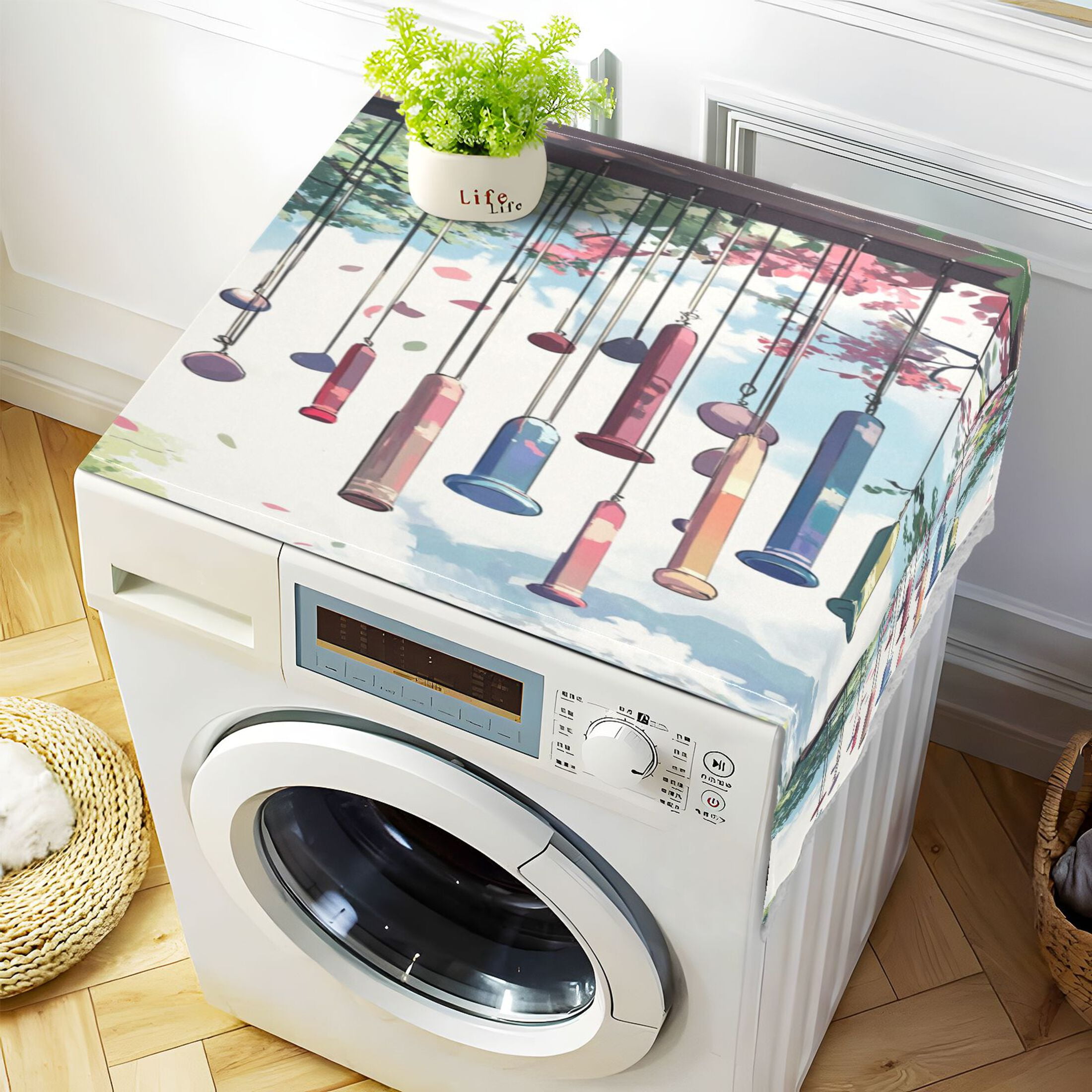 Wind ChimesWasher and Dryer Covers Dust-Proof and Oil Resistant Fridge Cover with 4 Storage Pockets Washing Machine Top Cover for Laundry Kitchen Home 51.2 x 22 In