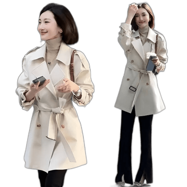 Wind Coat Jacket, Long Range Double Breasted Waist, Loose Rice