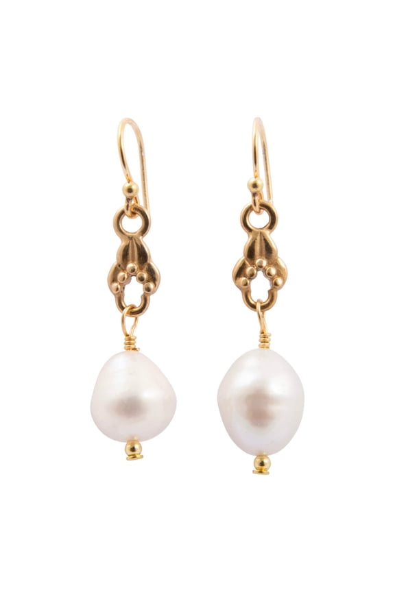 Wind Dancer Freshwater White Pearl Golden Drop Earrings
