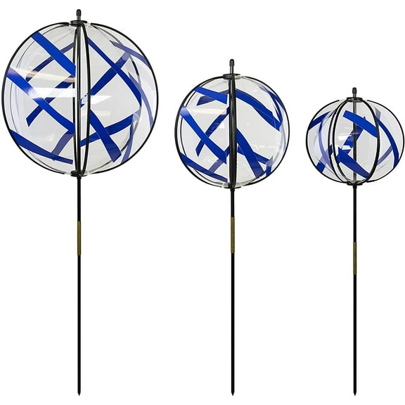 Wind Fairys Magic Crystal Ball 3-Pack - Blue Stripe - Spinning Outdoor Garden Dcor