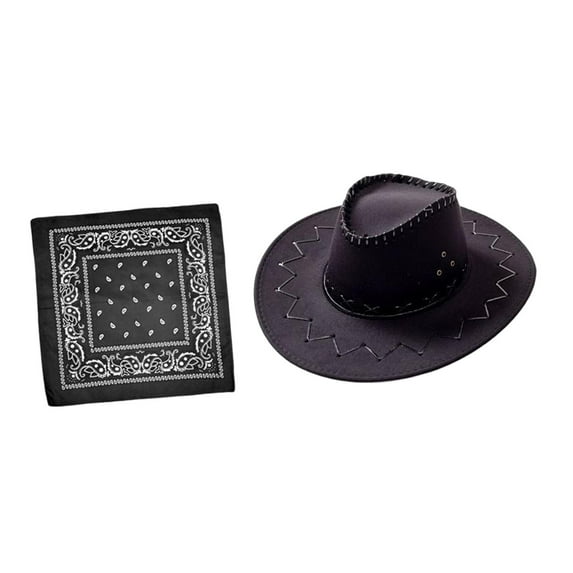 Wind Lanyard Cowboy Hat with Bandana Square Hair Scarf Dress up Costume Accessories Props Cowgirl Hats for Western Party Holiday Hiking , Black