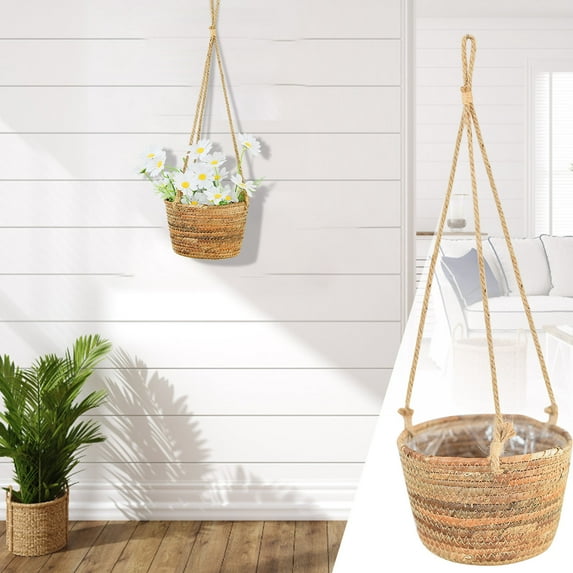 Wind Rattan Hanging Basket | Wall-Mounted Storage Flowerpot | Grass Garden Planter with Rope | Space-Saving Decorative Indoor Outdoor Organizer | 1 Pack | Ideal Home Balcony D茅cor