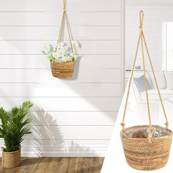 Wind Rattan Hanging Basket | Wall-Mounted Storage Flowerpot | Grass Garden Planter with Rope | Space-Saving Decorative Indoor Outdoor Organizer | 1 Pack | Ideal Home Balcony D茅cor