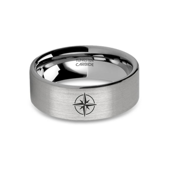Wind Rose Compass Engraved Brushed Silver Tungsten Wedding Band, 8mm, Size 15