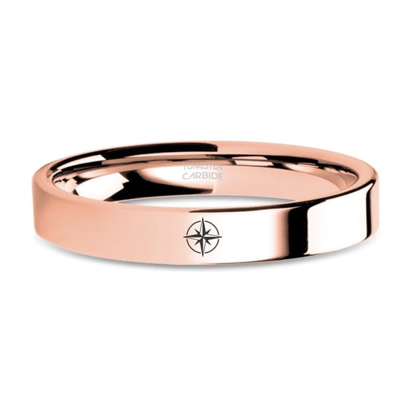 Wind Rose Compass Symbol Engraved Rose Gold Polished Tungsten Ring, 4mm, Size 6