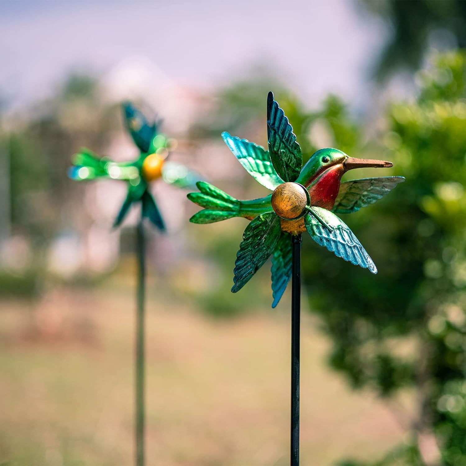 Wind Spinner 2 Pack Outdoor Metal 30 Inch Height Green Hummingbird Jay Wind Spinners For Yard And Garden Decoration For Outdoor Windmills