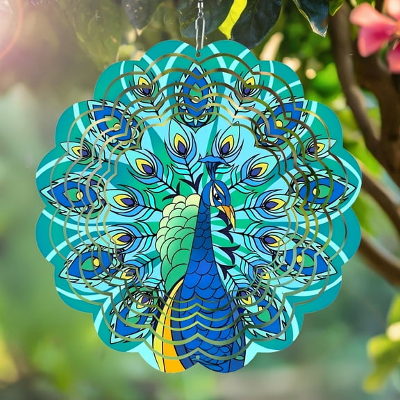 Wind Spinner Mandala, 12 inch Large Hanging Art Wind Sculpture Decorations，Hanging Wind Spinner, Kinetic Yard Art Decorations (Peacock Style）