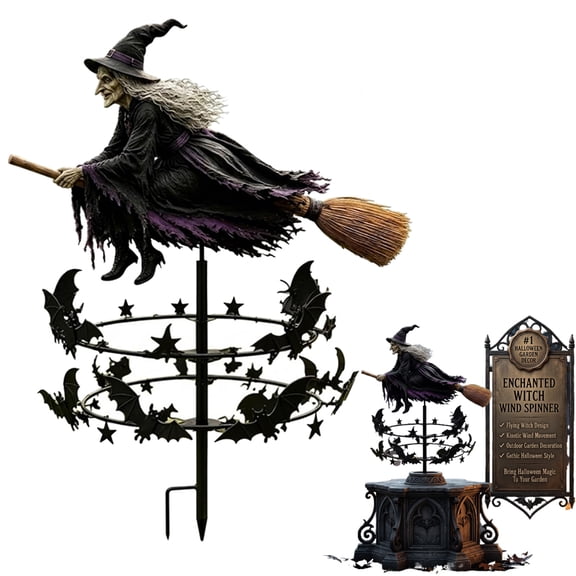Wind Spinner Outdoor Garden Decor, Halloween Witch Garden Spinner Metal Yard Stake, Rotating Lawn Ornament for Patio Flower Bed Pathway, Gothic Witch Decorations Outdoor Halloween Yard Art Fall Decor