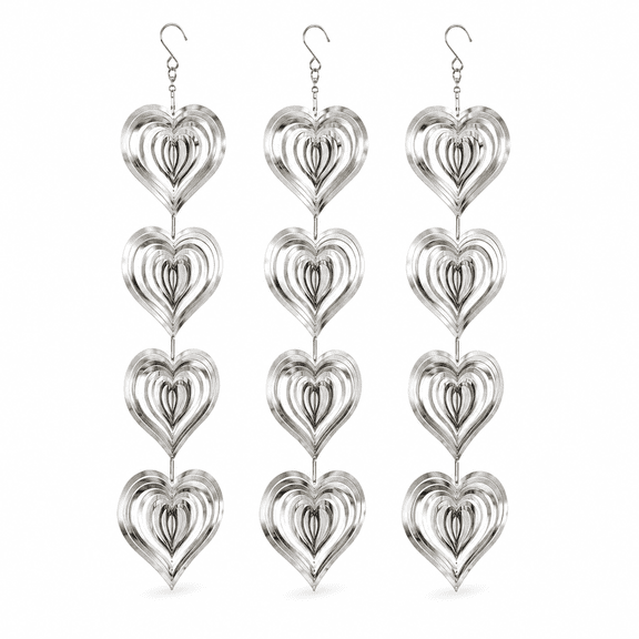 3D Heart Wind Spinner, Stainless Steel Kinetic Yard Art, 3-Pack