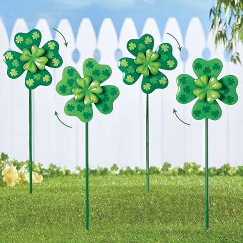 Wind Spinners Outdoor,4 Pack Shamrock Garden Stakes for Outside,Saint Patrick's Day Decorations,Metal Wind Spinner Yard Art for Patio,Lawn$$Garden & Patio