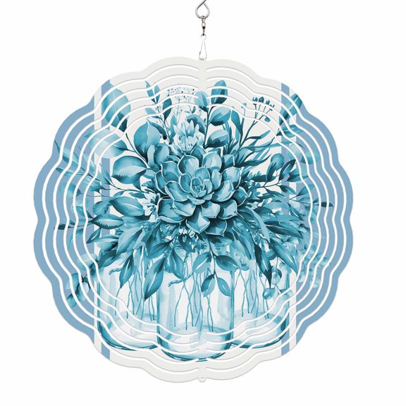 Wind Spinners for Yard and Garden Blue Eucalyptus Leaves Wind Spinner Floral Vase Stripes 3D Metal Stainless Steel Wind Sculptures Outdoor Patio Hanging Ornament 8 Inch