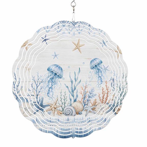 Wind Spinners for Yard and Garden Blue Jellyfish Wind Spinner Coastal Starfish Coral Shell Conch 3D Metal Stainless Steel Wind Sculptures Outdoor Patio Hanging Ornament 8 Inch