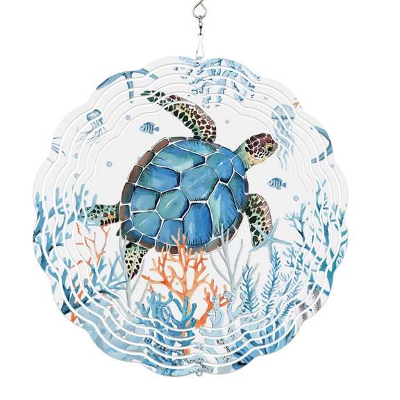 Wind Spinners for Yard and Garden Blue Turtle Wind Spinner Cora Marine Life Fish Seagrass 3D Metal Stainless Steel Wind Sculptures Outdoor Patio Hanging Ornament 8 Inch