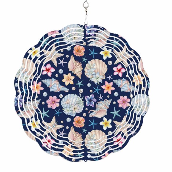 Wind Spinners for Yard and Garden Coastal Shell Conch Wind Spinner Navy Blue Summer Ocean Starfish 3D Metal Stainless Steel Wind Sculptures Outdoor Patio Hanging Ornament 8 Inch