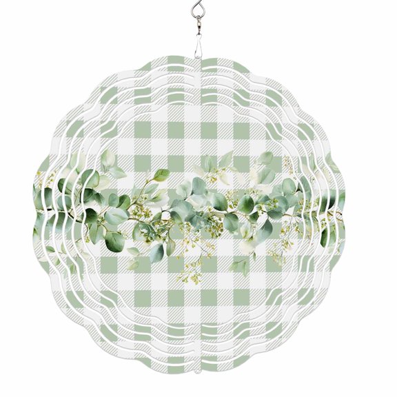 Wind Spinners for Yard and Garden Eucalyptus Leaves Wind Spinner Leaf Vines Sage Green Buffalo Plaid 3D Metal Stainless Steel Wind Sculptures Outdoor Patio Hanging Ornament 8 Inch