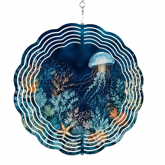 Wind Spinners for Yard and Garden Green Glowing Jellyfish Wind Spinner Ocean Coral Marine LIfe 3D Metal Stainless Steel Wind Sculptures Outdoor Patio Hanging Ornament 8 Inch