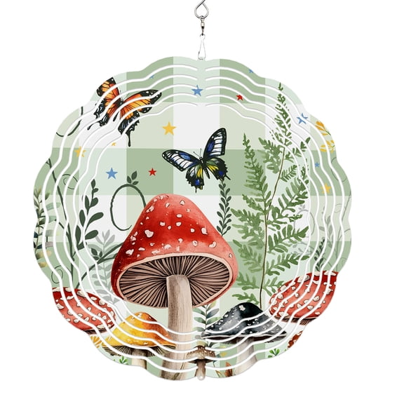 Wind Spinners for Yard and Garden Mushrooms Wind Spinner Butterflies Green Buffalo Plaid 3D Metal Stainless Steel Wind Sculptures Outdoor Patio Hanging Ornament 8 Inch