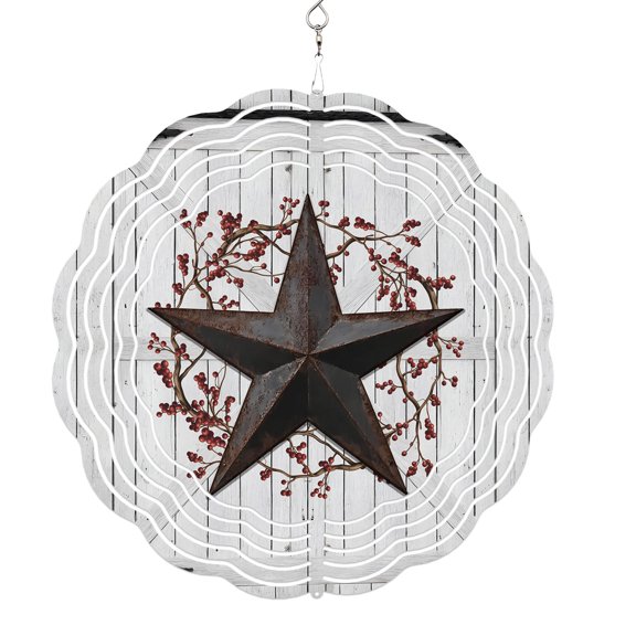 Wind Spinners for Yard and Garden Rusty Barn Star Berry Wind Spinner Rustic Farmhouse Door Wall 3D Metal Stainless Steel Wind Sculptures Outdoor Patio Hanging Ornament 8 Inch