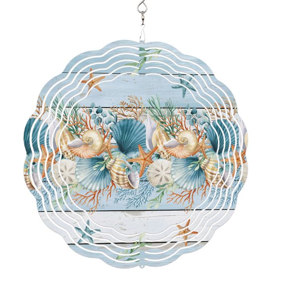 Wind Spinners for Yard and Garden Starfish Conch Shell Wind Spinner Ocean Coral Seagrass Blue Wood 3D Metal Stainless Steel Wind Sculptures Outdoor Patio Hanging Ornament 8 Inch