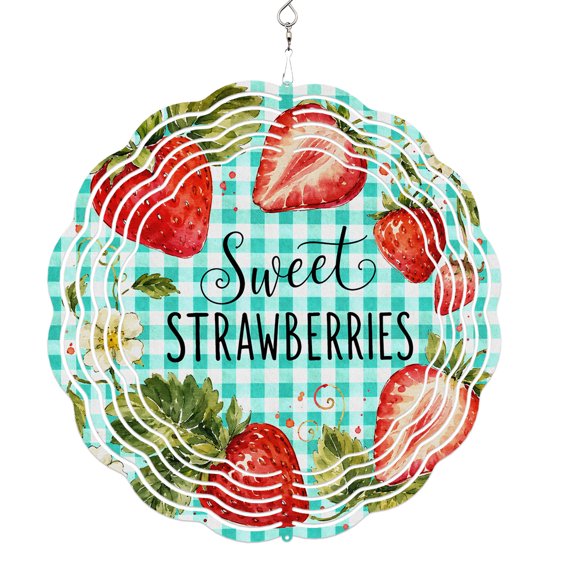 Wind Spinners for Yard and Garden Sweet Strawberry Wind Spinner Summer Fruit Flower Mint Plaid 3D Metal Stainless Steel Wind Sculptures Outdoor Patio Hanging Ornament 8 Inch