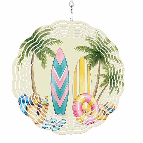 Wind Spinners for Yard and Garden Yellow Surfboard Wind Spinner Summer Beach Bag Palm Trees 3D Metal Stainless Steel Wind Sculptures Outdoor Patio Hanging Ornament 8 Inch