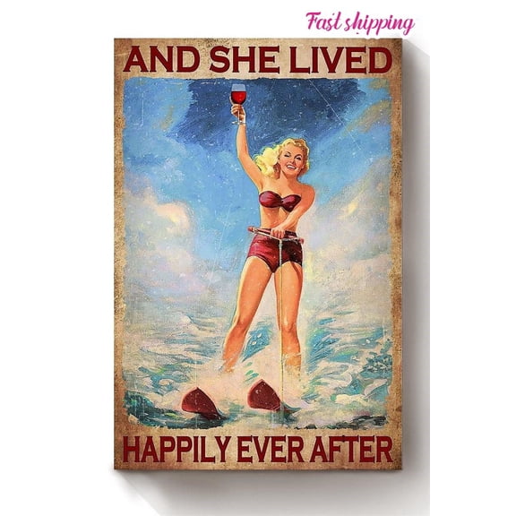 Wind Surfing Girl Drinking Wine And She Lived Happily Ever After Womans Day poster Wall Art Vertical 11 x 17 Inch Poster