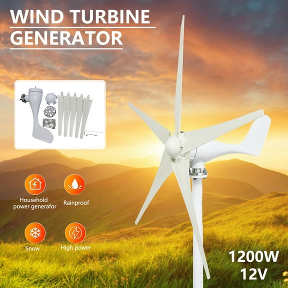 Wind Turbine Generator 1200W, 12V Windmill Kit, 5-Blades Power Producer, Long Lasting, Weather-Resistant & 2.5m/s Start-up Wind Speed
