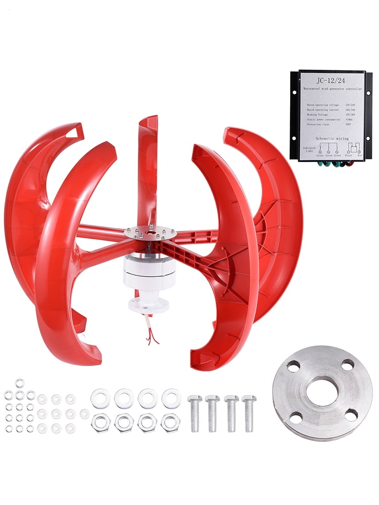 Wind Turbine Generator Kit, Vertical Axis Wind Turbine, Hybrid Wind Solar System with Controller, Flange Plate, 1200W 24V 5 Leaves Windmill Generator Kit for Ship