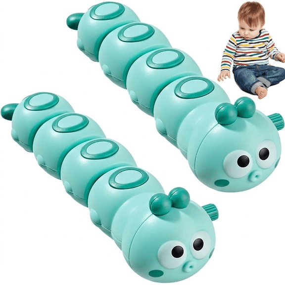 Wind up Caterpillar Toy, Clockwork Crawling Moving Worm for Toddlers, Battery-Free Early Learning Sensory Toy, Green, 2 Pack