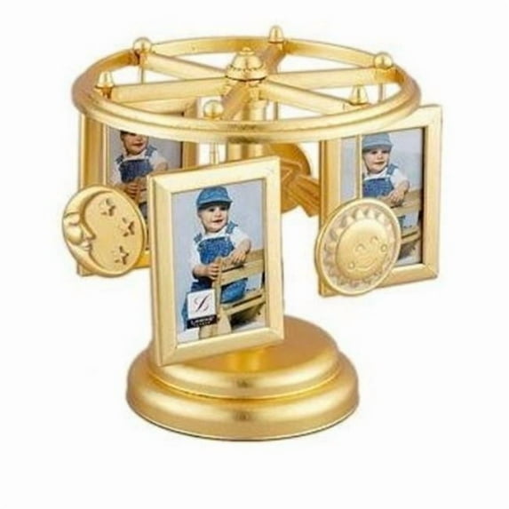 Wind Up Musical Carousel Picture Frame - Gold Sun Moon and Stars Design - Holds 6 2x3 Photos