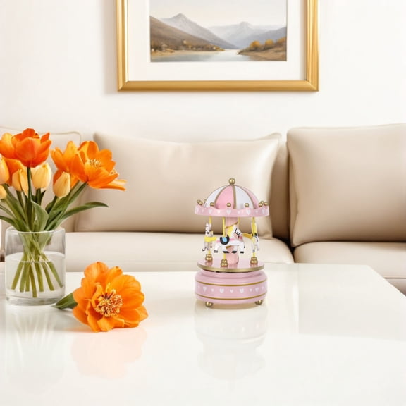 Wind Up Pink Rotating Carousel Music Box Holiday Ornament for Tabletop Display