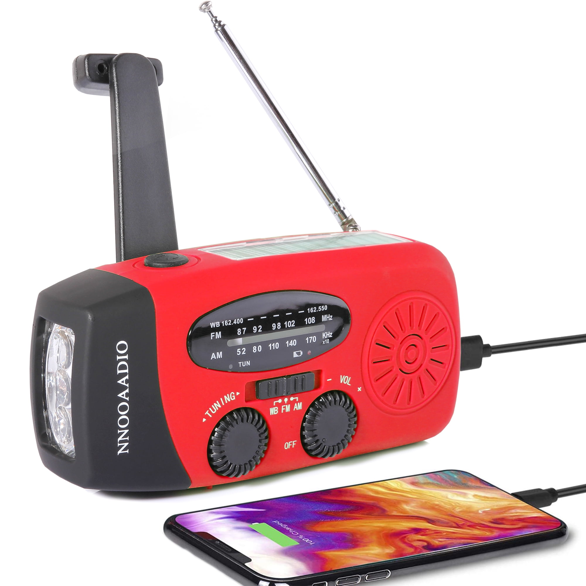 Wind Up Radio, Emergency Solar Radio Hand Crank AM/FM Weather Radio with Portable Power Bank, Rechargeable USB Phone Charger, Bright LED Flashlight for Household and Outdoor Survival