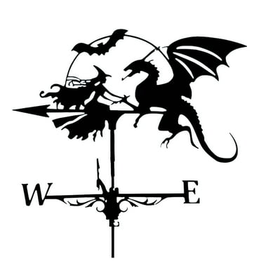 Wind Vane Witch And Flying Dragon Shape Metal Bracket Weather Vane - Beautiful, Durable, Easy to Install, Indicates Wind Direction