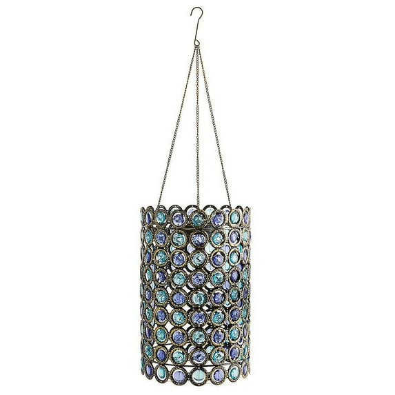 Wind & Weather Hanging Metal Solar-Powered Lantern with Blue Acrylic Beads