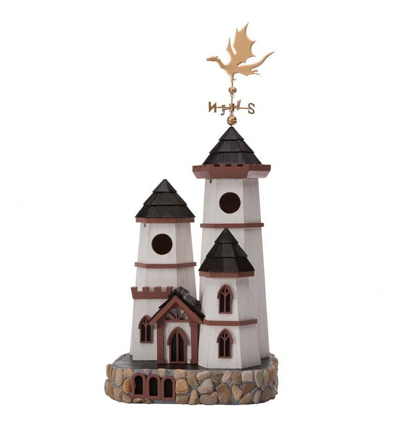 White and Brown Castle Birdhouse with Dragon Weathervane