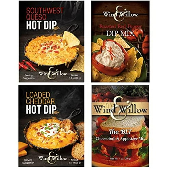 Wind & Willow Appetizer And Dip Mix 4-Flavor Variety Pack: Loaded Cheddar, Southwest Queso, Blt, Roasted Red Pepper (4 Pack)
