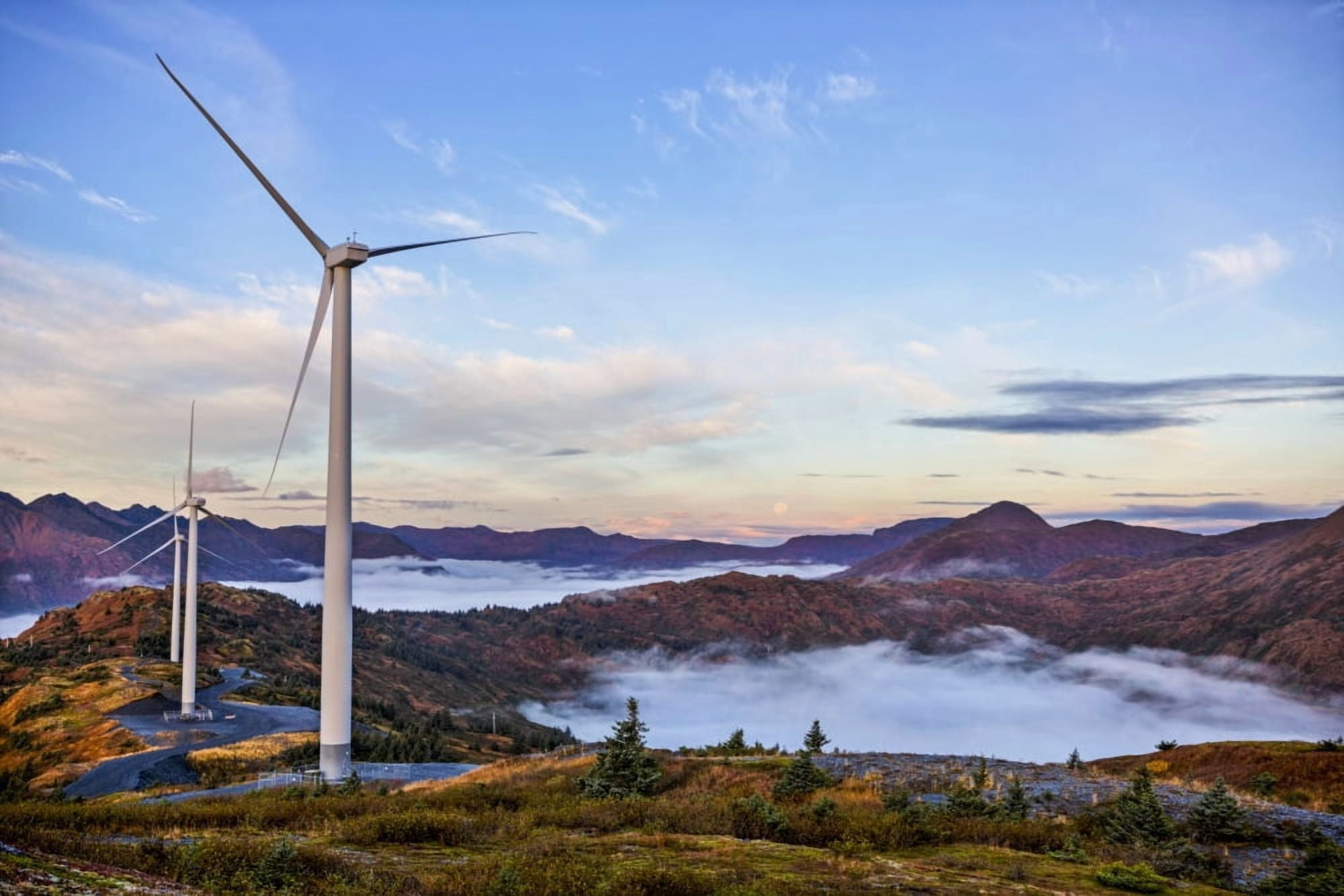 Wind turbines with low fog patches on Pillar Mountain Kodiak Alaska fall Canvas Art - Marion Owen Design Pics (38 x 24)