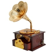 Wind up Music Box Vintage Look Music Box with Jewelry Box - Table Desk Decoration and Gift (Trumper Horn, Brown)