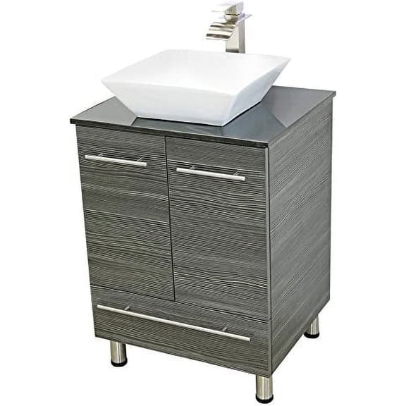 WindBay 24" Freestanding Bathroom Vanity, Dark Grey. Black Flat Stone Countertop