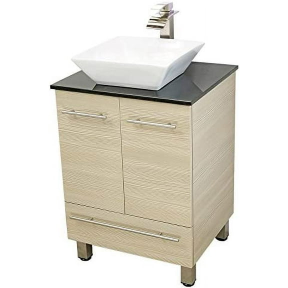 WindBay 24" Freestanding Bathroom Vanity, Tan. Black Flat Stone Countertop
